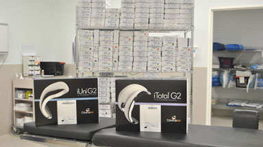 The customised knee replacements compared with the trolley of different knee replacements used in regular surgeries.